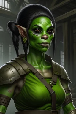 A female half-orc warehouse worker with green grey skin