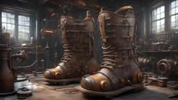Fantasy complicated machine to make wellington boots, rubber boot factory, amazing engineering, steampunk, gaspunk, intriguing, amusing, complex, exquisite composition, beautiful detailed octane render, trending on artstation, 8k artistic photography, photorealistic concept art, soft natural volumetric perfect light, chiaroscuro, award-winning photograph, masterpiece, heath robinson, Escher, Disney