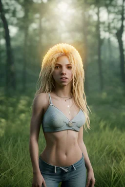 Shakira artist, Realistic image, natural waist up portrait, natural busty , perfect eyes, glow, circle iris. concept art, smooth, unreal engine 5, god lights, ray tracing, RTX, lumen lighting, ultra detail, volumetric lighting, 3d, finely drawn, high definition, 4k.