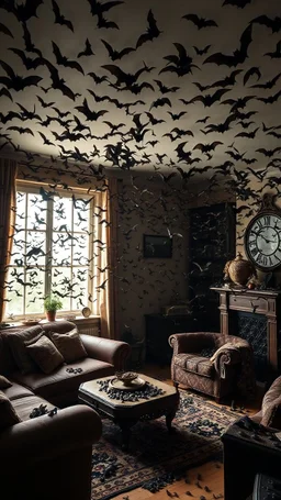 A room with furniture full of thousands of bats everywhere few on a the walls , ceiling, on the couches and furniture coming all from an open window