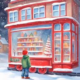 Paint a cover for a children's book with oil paints. New Year's Eve window of a toy store in a big city. A toy big red train stands in the window. A boy is standing near the shop window. Winter