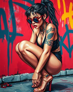 close up, full color painting of squatting cyberpunk girl, sunglasses, high heel shoes, perfect hourglass figure, (((Graffiti art) (by Carne Griffiths))), red wall background, insane details, intricat Modifiers: highly detailed Award winning photography fantasy 8k photorealistic beautiful poster award winning imperial colors fantastic view ultra detailed 4K 3D colourful very cute cinematic postprocessing acrylic art Craig Rutkowski