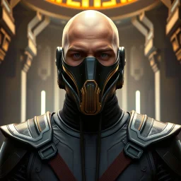 bald male corellian jedi wearing gunmetal grey and black old republic armored flightsuit and breath mask with gold and metallic red trim inside the jedi temple, centered head and shoulders portrait, hyperdetailed, dynamic lighting, hyperdetailed background, 8k resolution, volumetric lighting, light skin, fully symmetric details