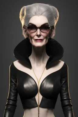 Carmen Dell`orifice as evil queen in black leather, leather, busty, cleavage, angry, stern look. character design by cory loftis, fenghua zhong, ryohei hase, ismail inceoglu and ruan jia. unreal engine 5, artistic lighting, highly detailed, photorealistic, fantasy