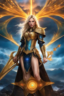 ( photography realistic masterpiece, top quality, best quality, official art, beautiful and aesthetic:1.2), (1girl), extreme detailed,(fractal art:1.3),colorful,highest detailed,zoomout,blonde girl,perfecteyes, background sky full thunder, wear fantasy armor,morgan le fay