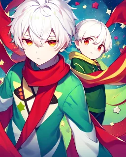 Green clothes with a yellow stripe and star in the middle of the print, short white hair, A young boy, wears a red scarf, has a colorful aura, At the bottom there are several stars, and his eyes are green.