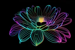 black background, outlines of a beautiful holographic flower, drawn from thin neon-coloured glowing lines