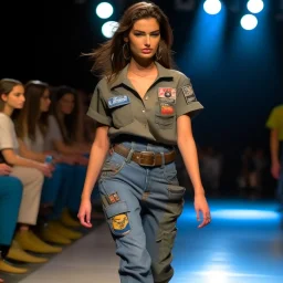 latin model catwalk wearing cargo jeans with patch embroidered