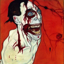 Horror Disfigured bald Vampire with longs arms and claws covered in blood,in cape ,blood big canine teeth with blood,full body, by egon Schiele,