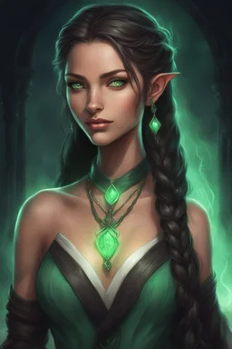 Young beautiful female Hexblood Warlock with lightly tanned skin, long silky dark brown hair styled in elegant half-braids, the rest flowing straight down her back. Bright glowing pale emerald-green eyes, delicate features, full lips, and a calm mischievous smile. Subtle dark vine-like markings trail along her neck and collarbone, hinting at ancient magic. Dark fantasy, realistic, cinematic, highly detailed.