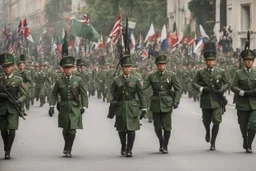 Soldiers marching in formation; military parade; marching along a street; green uniforms; medals and insignia; Rifles in their hands;