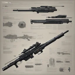 ConceptSheet by Jean-Claude Mézières: A document showing The Titan Mk IV Vanguard is a state-of-the-art battle rifle designed for elite military units operating in high-stakes and off-world environments. Its robust construction, advanced targeting systems, and modular design make it a versatile and powerful weapon on the battlefield.