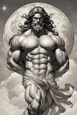 Digitize the sketched image of Atlas from Greek mythology, the character is portrayed as extremely muscular, holding up a massive celestial sphere, which is the Earth. The scene is dramatic, emphasizing the strain and power of Atlas. He has long hair and a rugged, classical appearance befitting a mythological titan. His attire is minimal, resembling ancient Greek garments. Please exclude any signatures or artist autographs from the image. The artwork should be in a hyper-realistic style, capturi