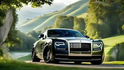 A (((Rolls Royce hypercar))) with its sleek,, featuring a bold, menacing grille and powerful lines, evoking a harmonious balance between sophistication and muscle, against a backdrop of verdant hills at noon, ideal for a dynamic desktop wallpaper