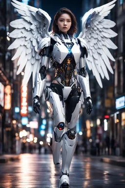 Photography Full body robot cyborgs mechanical electrical realistic beautiful Angel woman hyper detailed,background walking night city street