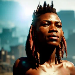 A beautiful portrait of a cyberpunk black tribal woman with lot's of grain on her skin and tribal tatoos, with natural hair floating in the wind cyborg smiling facing camera orange color scheme, high key lighting, volumetric light high details with white stripes and feathers unreal 5, octane render, cinema4d, dynamic lighting, dramatic lighting, 4k, redshift render, highly detailed, hyper realistic