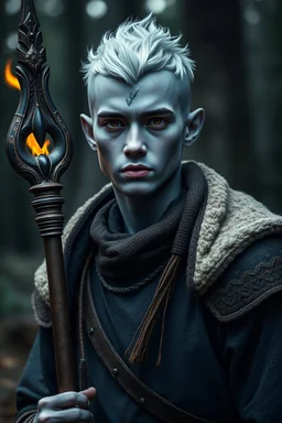 fire genasi, young male, gray skin, amber eyes, dcruid, with staff, in a forest