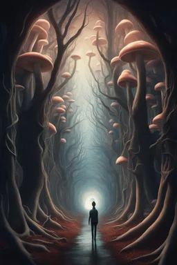 A surreal scene a tunnel-like structure filled with intertwined mushrooms trees , The tunnel is lined with countless writhing aliens bodies, creating a chaotic and nightmarish atmosphere. At the end of the tunnel, a solitary figure walks towards a distant light source, casting a glow that illuminates the scene. The overall color palette is muted with shades enhancing the ominous and unsettling mood. The level of detai
