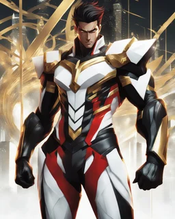 Striking hyper-realistic anime illustration of a powerful male protagonist, dressed in a white, red, black and gold outfit. Featuring obsidian patterns with gold details and the edges emit fascinating energy. Muscular physique accentuated with sleek lines and details. Futuristic cityscape background. Masterpiece of art that combines anime and science fiction aesthetics. Poster-worthy cinematic illustration. Full body