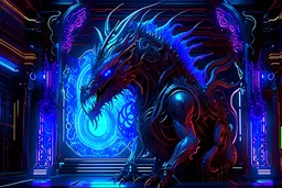 Expressively detailed and intricate 3d rendering of a hyperrealistic “cyberpunk gate”: dragon detailed, neon light, front view, full anatomy, symetric, 4K, cosmic fractals, dystopian, dendritic, stylized fantasy art by Kris Kuksi, artstation: award-winning: professional portrait: atmospheric: commanding: fantastical: clarity: 16k: ultra quality: striking: brilliance: stunning colors: masterfully crafted.