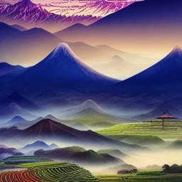 incredible, stunning japanese rice fields with wood shanties, mountains in the distance, colorful morning sky and mist, ultrafine-detail, intricate, detailed matte, digital painting, artwork, brian froud, howard lyon, Scott Gable, Wajima Ishikawa, Mu Cang Chai, Greg Rutowski, Kupka, Toyen