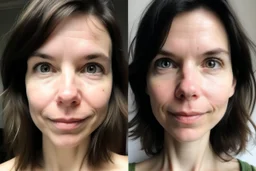 A selfie of a brunette woman, middle short hair, showing a 27-year-old European woman. She has white skin, tousled brown hair, face without makeup, big round dark brown eyes, cute nose, detailed full lips, skin texture. Split screen and show the same face but 15 years older