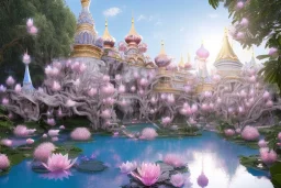 a magical crystal flower lotus magnolia lys bougainvillier, blue gold house russian palace castle in the woods, magnolias pink,blue lake,sun,white swanns,pink vertical, blue lake,sharp, vines, candlelit, endor, ornate, elegant, highly detailed, artstation, concept art, smooth, sharp focus, illustration, 8k, splash art, wallpaper, key visual