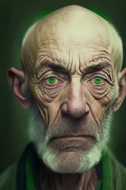 Portrait of a bald man, 60 years, unkempt beard, dark circles, green eyes, distracted and nervous look