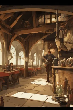 interior of a dnd tavern with people at round tables