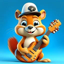 Cute squirrel. He is a delightful creature. Smiling. Imaginative and captivating our hearts with his vibrant beauty. He has big eyes that sparkle with kindness, innocence and joy. A wonderful cartoon character. He wears a black hat, jeans, a white shirt, and carries a guitar. An isometric cartoon character. Emphasis and focus on the character. amazing . Nice and innocent. Delightful. Fantasy graffiti style focus and precision on character. A simple yellow background, and at the same time attract