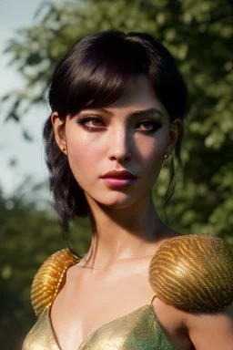 Female druid, Realistic image, natural waist up portrait, perfect eyes, glow, circle iris, eye liner, spray line make up, glow, gold. big rings piercing, vibrant color, highly detailed, art stations, concept art, smooth, unreal engine 5, god lights, ray tracing, RTX, lumen lighting, ultra detail, volumetric lighting, 3d, finely drawn, high definition, 4k.
