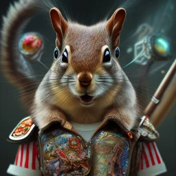  highly detailed and realistic squirrel gang member wearing a vest and a bandana riding a chopper, high detail, realism, vibrant colours, graffiti accents, complementary colours, splash art, perfect composition, beautiful detailed intricate insanely detailed octane render trending on artstation, 8 k artistic photography, photorealistic concept art, soft natural volumetric cinematic perfect light, chiaroscuro, award - winning photograph, masterpiece, oil on canvas, raphael, caravaggio, greg rutko