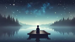 vector graphic of a boy sit in dock cozy mist lake in sky full of star