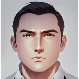 mysterious youthful Russan male, man,A man's face, dark and intriguing, confident, intense, handsome, anime style, retroanime style, cool style, dark black short hairs, white shirt, white paint background, white man, brown eyes, middle lips, A small smile, The head looks straight ahead