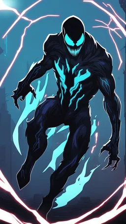 Mix between venom symbiote and Reaper in solo leveling shadow style with neon glowing blue