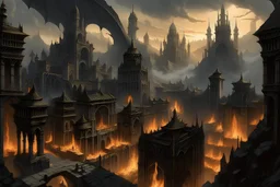 Envision a breathtaking cityscape of Old Valyria, standing proudly amidst the 14 flames. Dotted by grand, flat-topped medium sized towers crafted entirely from a mysterious, oily black stone, which seems to devour the surrounding light. The buildings are adorned with intricate and ornate structures, featuring dragon motifs, sphinxes, and symbols of arcane knowledge, each telling a story of the city's magical prowess and ancient mystique. The 14 flames illuminate the scene, casting an eerie yet