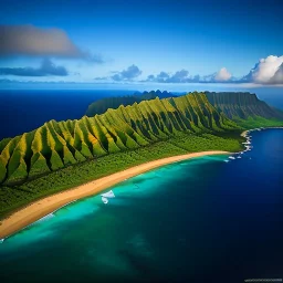 Nā Pali Coast Wilderness State Park, Hawaii,aerial view,cloudy,extremely detailed digital painting, high resolution,8k, realistic, beautiful, volumetric lighting, mystical colors ,perfectly centered image, perfect composition, rim light, beautiful lighting,masterpiece, stunning scene, raytracing, anatomically correct, in the style Van Gogh and robert e howard and Ken Kelley and Ohrai Noriyoshi and Simon Bisley and tomzj1.