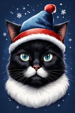 face of cartoon happy black cat with hat Santa Claus on dark blue background with white snow oil drawing