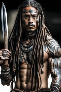 clean shaven long haired warrior with tribal tattoos and spear