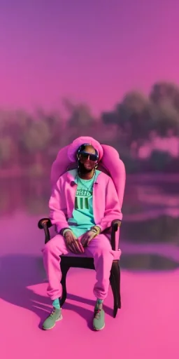 rapper Snoop dogg sitting. a chair. pink houses, pink sky, pink smoke, moon, trees, wide angle