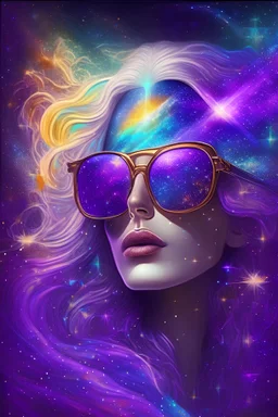 Upscale infinity 888 wonderful pleiadian secret sensual sweet harmony agent with sunglasses and rainbow aura and violet shape-hair and symbol and stars and galaxy