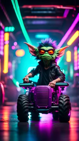 portrait of Hairy Gremlin pimp ninja yoga cyber punk in flying hipster tractor parked in dark tron neon lit reflective smoke arcade hall tunnel,bokeh like f/0.8, tilt-shift lens 8k, high detail, smooth render, down-light, unreal engine, prize winning