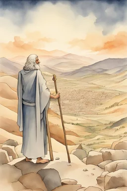 Moses stands on a mountain and holds a wooden staff, at his feet are fragments of stone tablets on which the 10 commandments were written, and below is a valley with the cities of Palestine of sands, tents and mountains. There is a silhouette of God in the sky. Everything is painted in watercolor