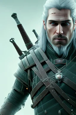 Henry cavil face, Crystal yellow eyes, long white hair, wearing The witcher 3, realistic, 4k, intricate, best quality, fog particles, fire particles, octane render, vray, sword fire