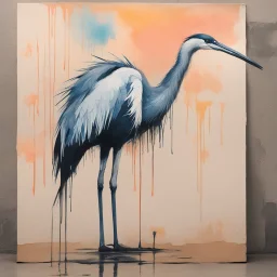 graffiti sketch of a long-legged heron on cardboard, minimalism, pastel duotone colors, loose brush stroke watercolor, sunset, reflective, wet sponge, diffusion paint wash, dramatic, by WRDSMTH