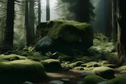 a forest with big rock on center