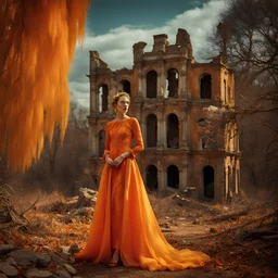 Photo of an odd being, bright colors, odd fashion, award winning photography, odd pose, trees, very accentuated details of the dress and skin, eerily mysterious, artistic photo, shot on Hasselblad, high definition, high resolution, 8k, 3d render, very detailed, F/2.8. Background ruins, after a war, noon-light, odd