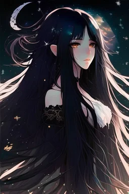 Celestial anime girl, long black hair