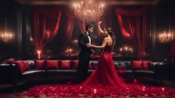 Hyper Realistic handsome muscular guy in black tuxedo & a beautiful girl in classy red gown dance in romantic bedroom with black leather couch and candles all around with dramatic ambiance with rose-petals at dark night.