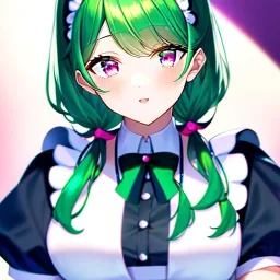 Clear focus, 8k, high quality, detailed, beautiful lighting, girl, vibrant colors, green hair, vibrant pink eye, vibrant green eye, twins, maid